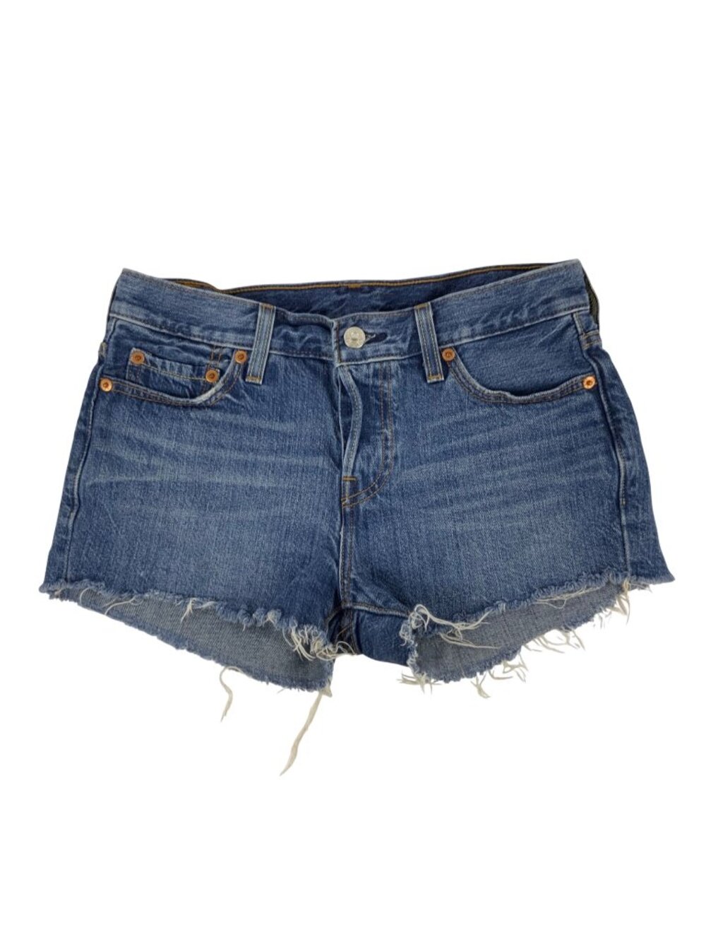 Levis 501 Womens Distressed Frayed Denim Shorts High-Rise Button Fly Blue Sz 25